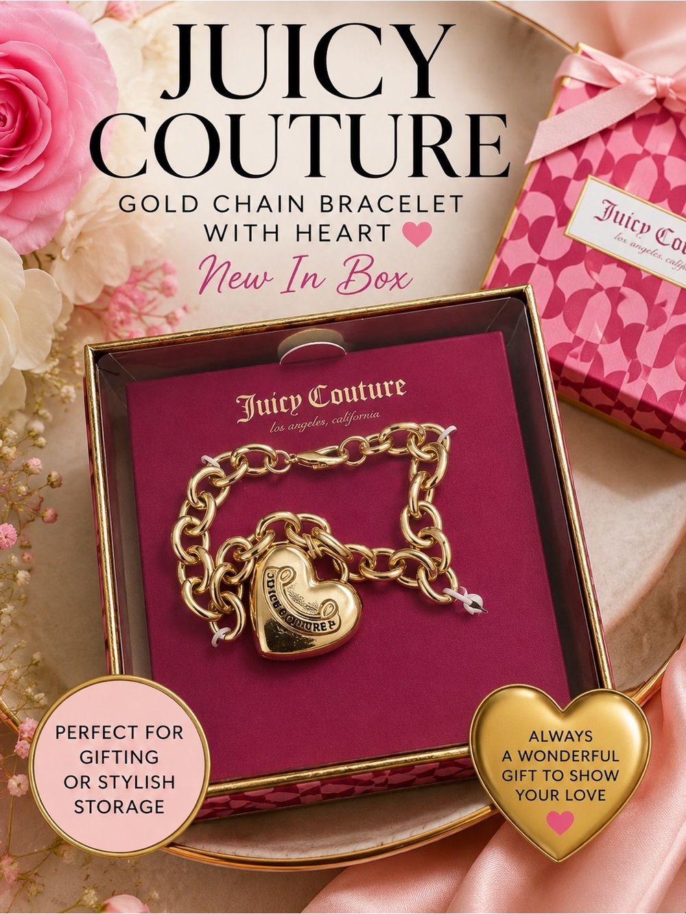 JUICY COUTURE Gold Heart Bracelet‎ New In Gift Box $34 MSRP